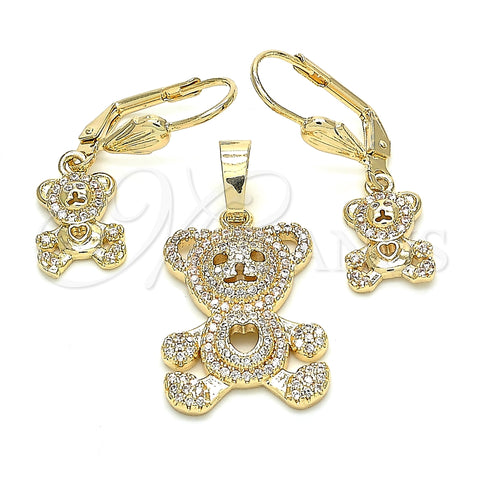 Oro Laminado Earring and Pendant Adult Set, Gold Filled Style Teddy Bear and Heart Design, with White Crystal, Polished, Golden Finish, 10.233.0041