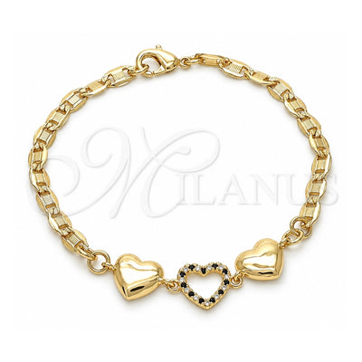 Oro Laminado Fancy Bracelet, Gold Filled Style Heart Design, with Black and White Crystal, Polished, Golden Finish, 03.233.0023.08 (04 MM Thickness, 8 Inches Length)