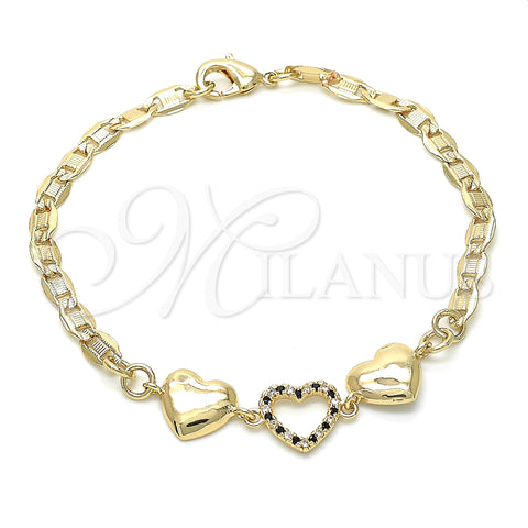 Oro Laminado Fancy Bracelet, Gold Filled Style Heart Design, with Black and White Crystal, Polished, Golden Finish, 03.233.0023.08 (04 MM Thickness, 8 Inches Length)