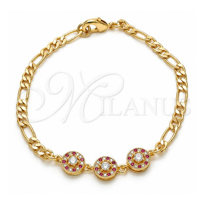 Oro Laminado Fancy Bracelet, Gold Filled Style with Ruby and White Cubic Zirconia, Polished, Golden Finish, 03.233.0029.08 (04 MM Thickness, 8 Inches Length)