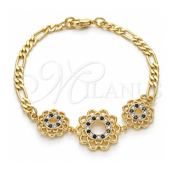 Oro Laminado Fancy Bracelet, Gold Filled Style Flower Design, with Black and White Cubic Zirconia, Polished, Golden Finish, 03.233.0046.08 (04 MM Thickness, 8 Inches Length)