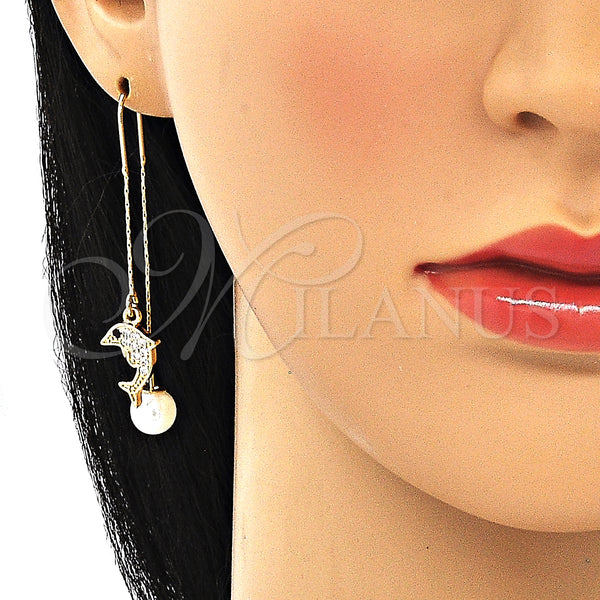 Gold Filled Ring — Long Earring Dolphin Design with White and White — alternate product view — SKU 131930 | Oro Laminado anillo — Long Earring Dolphin diseño with blanco and blanco — SKU 131930