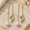 Oro Laminado Long Earring, Gold Filled Style Dolphin Design, with White and White Cubic Zirconia, Polished, Golden Finish, 02.210.0333