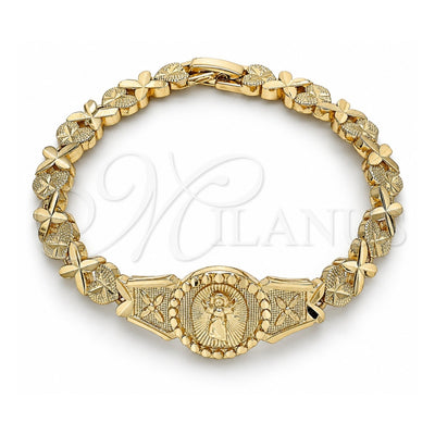 Oro Laminado Fancy Bracelet, Gold Filled Style Divino NiÃ±o and Heart Design, Diamond Cutting Finish, Golden Finish, 03.100.0063.07 (08 MM Thickness, 7 Inches Length)