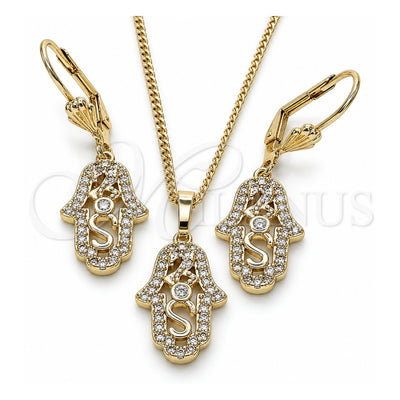 Oro Laminado Earring and Pendant Adult Set, Gold Filled Style Judaica and Hand of God Design, with White Cubic Zirconia, Polished, Golden Finish, 10.210.0118