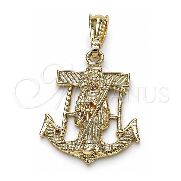 Oro Laminado Religious Pendant, Gold Filled Style Santa Muerte and Anchor Design, Polished, Golden Finish, 05.351.0070