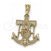 Oro Laminado Religious Pendant, Gold Filled Style Santa Muerte and Anchor Design, Polished, Golden Finish, 05.351.0070