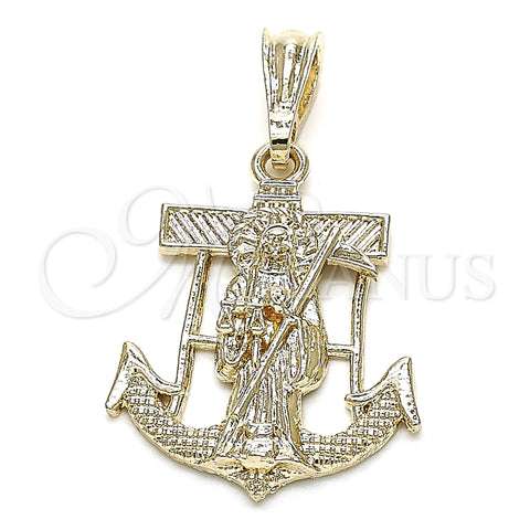 Oro Laminado Religious Pendant, Gold Filled Style Santa Muerte and Anchor Design, Polished, Golden Finish, 05.351.0070