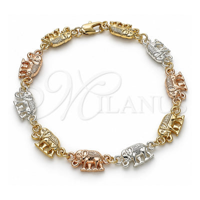 Oro Laminado Fancy Bracelet, Gold Filled Style Elephant Design, Polished, Tricolor, 03.351.0086.1.08 (09 MM Thickness, 8 Inches Length)
