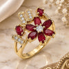 Oro Laminado Multi Stone Ring, Gold Filled Style Flower Design, with Ruby and White Cubic Zirconia, Polished, Golden Finish, 01.210.0092.1.06 (Size 6)