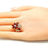 Oro Laminado Multi Stone Ring, Gold Filled Style Flower Design, with Ruby and White Cubic Zirconia, Polished, Golden Finish, 01.210.0092.1.08 (Size 8)