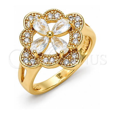 Oro Laminado Multi Stone Ring, Gold Filled Style Flower Design, with White Cubic Zirconia, Polished, Golden Finish, 01.210.0093.06 (Size 6)