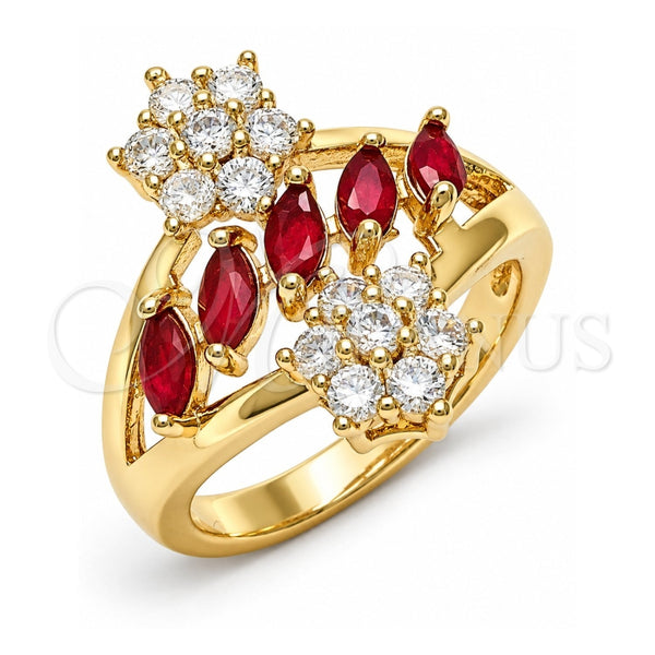 Oro Laminado Multi Stone Ring, Gold Filled Style Flower Design, with Ruby and White Cubic Zirconia, Polished, Golden Finish, 01.210.0096.1.07 (Size 7)