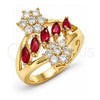 Oro Laminado Multi Stone Ring, Gold Filled Style Flower Design, with Ruby and White Cubic Zirconia, Polished, Golden Finish, 01.210.0096.1.07 (Size 7)