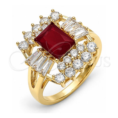 Oro Laminado Multi Stone Ring, Gold Filled Style Baguette Design, with Ruby and White Cubic Zirconia, Polished, Golden Finish, 01.210.0102.1.08 (Size 8)