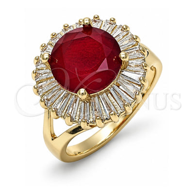 Oro Laminado Multi Stone Ring, Gold Filled Style Baguette Design, with Ruby and White Cubic Zirconia, Polished, Golden Finish, 01.210.0103.1.07 (Size 7)