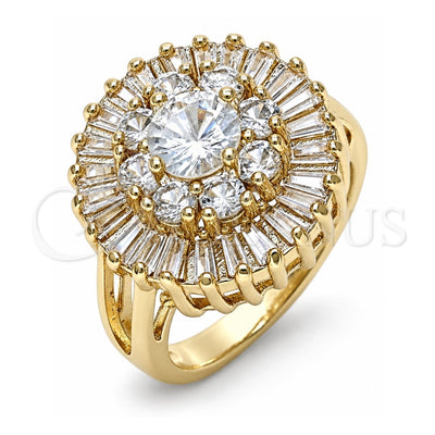 Oro Laminado Multi Stone Ring, Gold Filled Style Flower Design, with White Cubic Zirconia, Polished, Golden Finish, 01.210.0104.07 (Size 7)