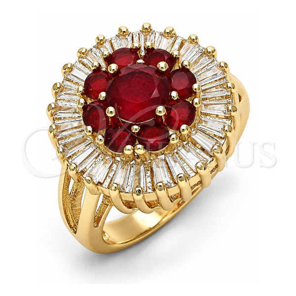 Oro Laminado Multi Stone Ring, Gold Filled Style Flower Design, with Ruby and White Cubic Zirconia, Polished, Golden Finish, 01.210.0104.1.06 (Size 6)