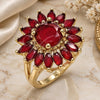 Oro Laminado Multi Stone Ring, Gold Filled Style Flower Design, with Ruby Cubic Zirconia, Polished, Golden Finish, 01.210.0106.1.07 (Size 7)