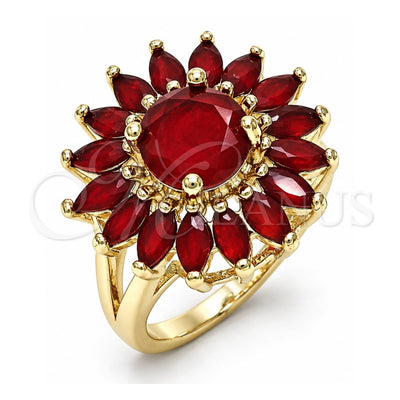 Oro Laminado Multi Stone Ring, Gold Filled Style Flower Design, with Ruby Cubic Zirconia, Polished, Golden Finish, 01.210.0106.1.08 (Size 8)