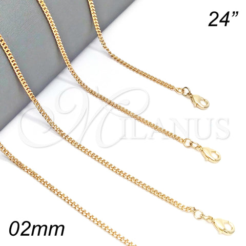 Oro Laminado Basic Necklace, Gold Filled Style Miami Cuban Design, Polished, Golden Finish, 04.213.0090.24 (02 MM Thickness, 24 Inches Length)