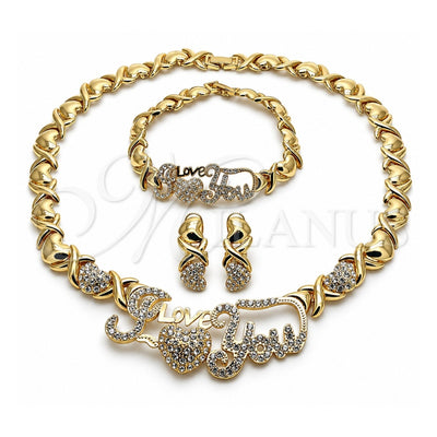 Oro Laminado Necklace, Bracelet and Earring, Gold Filled Style Hugs and Kisses and Love Design, with White Crystal, Polished, Golden Finish, 06.372.0001