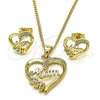 Oro Laminado Earring and Pendant Adult Set, Gold Filled Style Mom and Heart Design, with White Micro Pave, Polished, Golden Finish, 10.342.0029