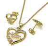 Oro Laminado Earring and Pendant Adult Set, Gold Filled Style Mom and Heart Design, with White Micro Pave, Polished, Golden Finish, 10.342.0029