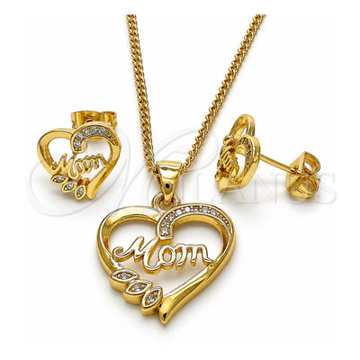 Oro Laminado Earring and Pendant Adult Set, Gold Filled Style Mom and Heart Design, with White Micro Pave, Polished, Golden Finish, 10.342.0029