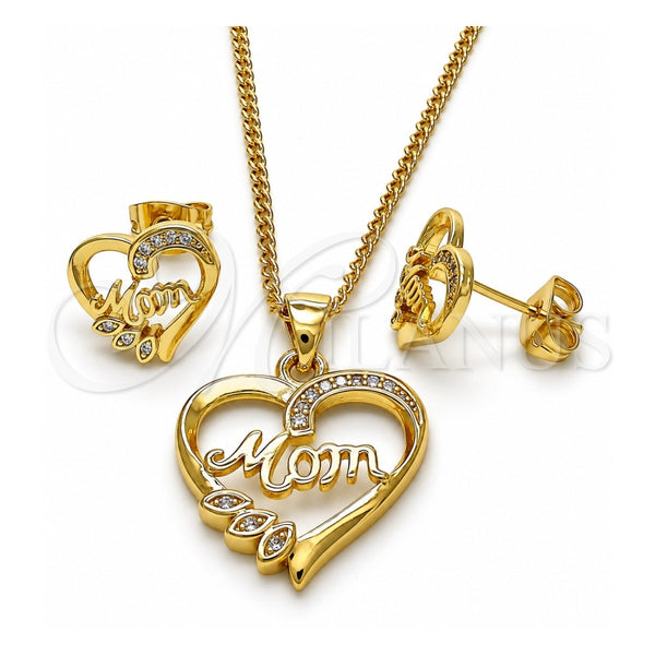 Oro Laminado Earring and Pendant Adult Set, Gold Filled Style Mom and Heart Design, with White Micro Pave, Polished, Golden Finish, 10.342.0029