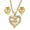 Oro Laminado Earring and Pendant Adult Set, Gold Filled Style Mom and Heart Design, with White Micro Pave, Polished, Golden Finish, 10.342.0030