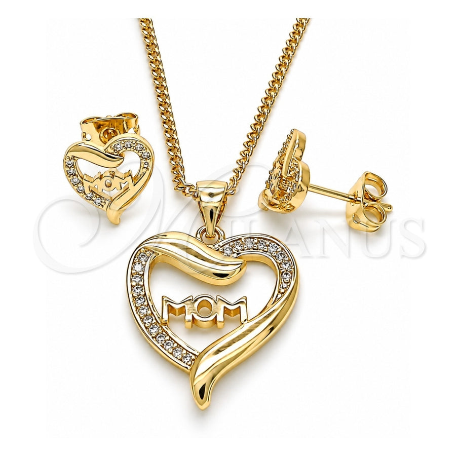 Oro Laminado Earring and Pendant Adult Set, Gold Filled Style Mom and Heart Design, with White Micro Pave, Polished, Golden Finish, 10.342.0030
