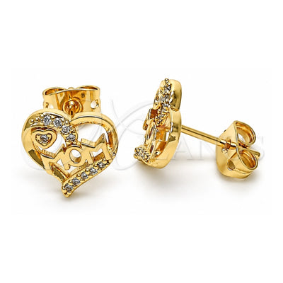 Oro Laminado Stud Earring, Gold Filled Style Mom and Heart Design, with White Micro Pave, Polished, Golden Finish, 02.342.0068