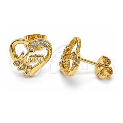 Oro Laminado Stud Earring, Gold Filled Style Mom and Heart Design, with White Micro Pave, Polished, Golden Finish, 02.342.0069
