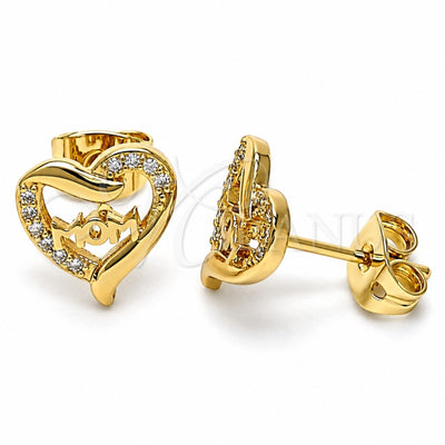 Oro Laminado Stud Earring, Gold Filled Style Mom and Heart Design, with White Micro Pave, Polished, Golden Finish, 02.342.0070
