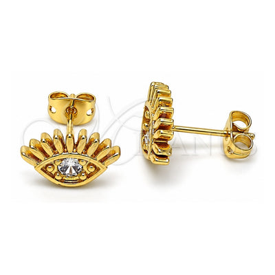 Oro Laminado Stud Earring, Gold Filled Style Evil Eye Design, with White Cubic Zirconia, Polished, Golden Finish, 02.341.0028