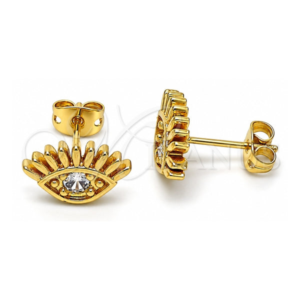 Oro Laminado Stud Earring, Gold Filled Style Evil Eye Design, with White Cubic Zirconia, Polished, Golden Finish, 02.341.0028