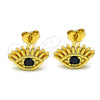 Oro Laminado Stud Earring, Gold Filled Style Evil Eye Design, with Black Cubic Zirconia, Polished, Golden Finish, 02.341.0028.1