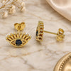 Oro Laminado Stud Earring, Gold Filled Style Evil Eye Design, with Black Cubic Zirconia, Polished, Golden Finish, 02.341.0028.1