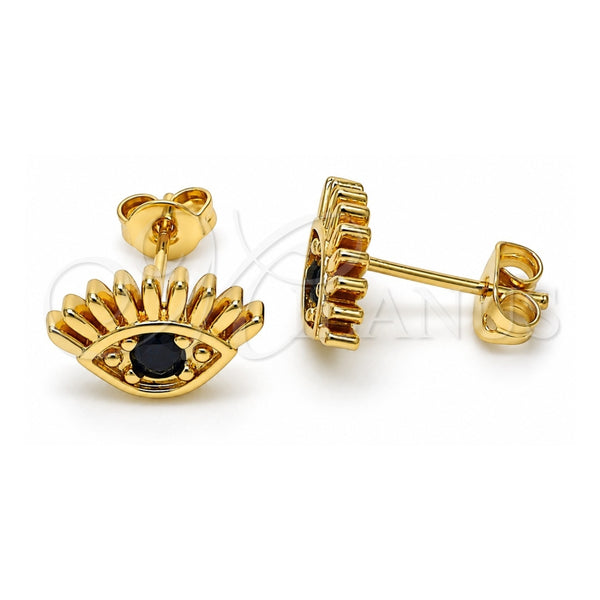 Oro Laminado Stud Earring, Gold Filled Style Evil Eye Design, with Black Cubic Zirconia, Polished, Golden Finish, 02.341.0028.1