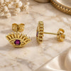 Oro Laminado Stud Earring, Gold Filled Style Evil Eye Design, with Ruby Cubic Zirconia, Polished, Golden Finish, 02.341.0028.3