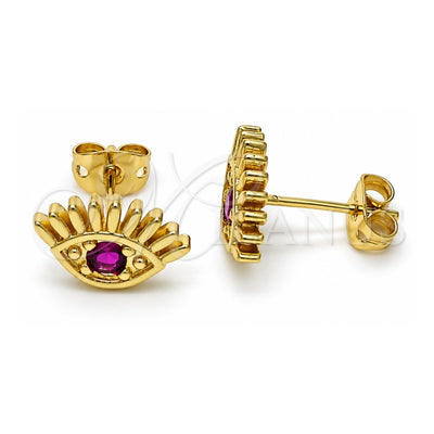 Oro Laminado Stud Earring, Gold Filled Style Evil Eye Design, with Ruby Cubic Zirconia, Polished, Golden Finish, 02.341.0028.3