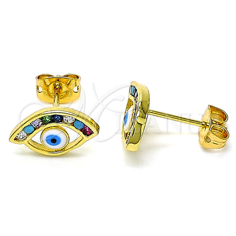 Oro Laminado Stud Earring, Gold Filled Style Evil Eye Design, with Multicolor Cubic Zirconia, White Enamel Finish, Golden Finish, 02.341.0031