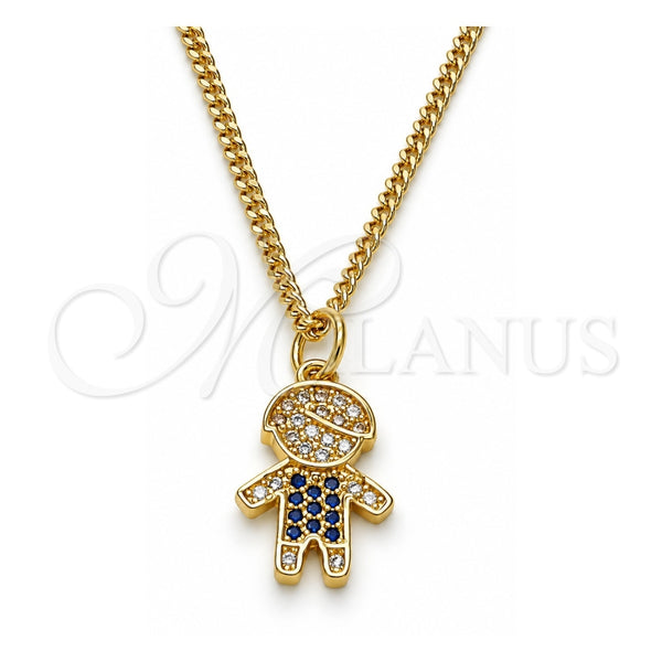 Oro Laminado Pendant Necklace, Gold Filled Style Little Boy Design, with Sapphire Blue and White Micro Pave, Polished, Golden Finish, 04.341.0023.20 (02 MM Thickness, 20 Inches Length)