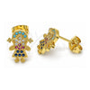Oro Laminado Stud Earring, Gold Filled Style Little Girl Design, with Multicolor Micro Pave, Polished, Golden Finish, 02.341.0033
