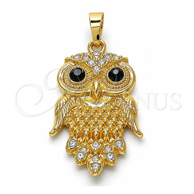 Oro Laminado Fancy Pendant, Gold Filled Style Owl Design, with Black and White Crystal, Polished, Golden Finish, 05.213.0069