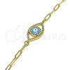 Oro Laminado Fancy Bracelet, Gold Filled Style Evil Eye and Paperclip Design, with White Micro Pave, Blue Enamel Finish, Golden Finish, 03.341.0029.08 (04 MM Thickness, 8 Inches Length)