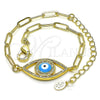 Oro Laminado Fancy Bracelet, Gold Filled Style Evil Eye and Paperclip Design, with White Micro Pave, Blue Enamel Finish, Golden Finish, 03.341.0029.08 (04 MM Thickness, 8 Inches Length)