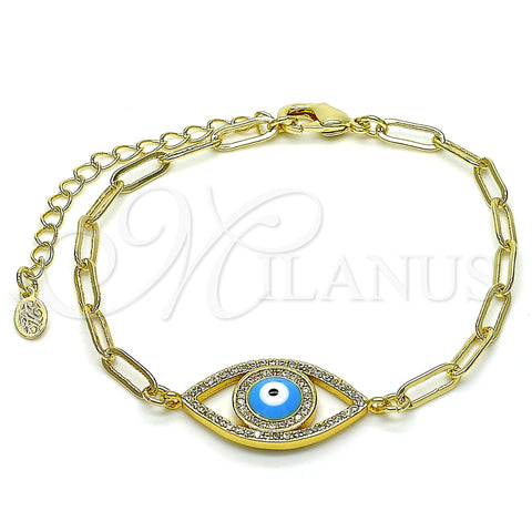 Oro Laminado Fancy Bracelet, Gold Filled Style Evil Eye and Paperclip Design, with White Micro Pave, Blue Enamel Finish, Golden Finish, 03.341.0029.08 (04 MM Thickness, 8 Inches Length)