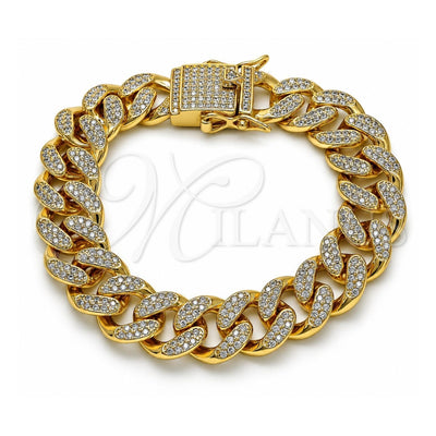 Oro Laminado Basic Bracelet, Gold Filled Style Miami Cuban Design, with White Micro Pave, Polished, Golden Finish, 04.373.0001.08 (14 MM Thickness, 8 Inches Length)